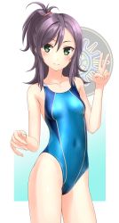 Rule 34 | 1girl, absurdres, badge, blue background, blue one-piece swimsuit, breasts, collarbone, competition swimsuit, contrapposto, covered navel, cowboy shot, earrings, gradient background, green eyes, high school fleet, highres, hoop earrings, jewelry, katsuta satoko, long hair, looking at viewer, one-piece swimsuit, ponytail, purple hair, small breasts, solo, standing, striped clothes, striped one-piece swimsuit, swimsuit, takafumi, topknot, v, white background