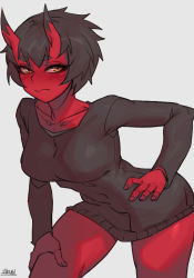 Rule 34 | 1girl, black hair, blush, closed mouth, colored skin, cowboy shot, embarrassed, hand on own hip, horns, kidouko (zakusi), leaning forward, long sleeves, looking at viewer, naked sweater, oni, oni horns, orange eyes, original, red oni, red skin, short hair, signature, simple background, slit pupils, solo, sweater, white background, zakusi