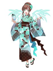 Rule 34 | 1girl, :d, ame tyaya, aqua bow, aqua eyes, aqua kimono, aqua nails, bow, brown hair, chain paradox, energy wings, flower, food, full body, hair flower, hair ornament, hair up, highres, holding, holding food, holding spoon, japanese clothes, kimono, looking at viewer, mitoma mao, obi, open mouth, sandals, sash, shaved ice, sidelocks, smile, spoon, standing, transparent background, wide sleeves, wings, zouri