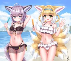 Rule 34 | 2girls, absurdres, ahoge, animal ear fluff, animal ears, arknights, arm behind head, arm up, armpits, beach, bikini, black bikini, blue eyes, blush, braid, braided hair rings, breasts, cleavage, cloud, food, fox ears, fox girl, fox tail, gem, gluteal fold, green eyes, hair ornament, hair rings, hairband, hairclip, highres, jewelry, low twintails, material growth, multiple girls, multiple tails, navel, necklace, ocean, open mouth, oripathy lesion (arknights), outdoors, popsicle, rylaera, sarong, see-through, short hair, side-tie bikini bottom, sky, small breasts, smile, sussurro (arknights), sussurro (summer flower) (arknights), suzuran (arknights), swimsuit, tail, thigh gap, thighs, twin braids, twintails, variant set, waving, white bikini