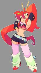 Rule 34 | 1girl, asymmetrical gloves, bacun, belt, bikini, bikini top only, boots, breasts, commentary, english commentary, fingerless gloves, flame print, full body, gloves, hair ornament, high ponytail, highres, large breasts, long hair, looking at viewer, navel, one eye closed, pink scarf, red hair, scarf, short shorts, shorts, simple background, skull hair ornament, smile, solo, swimsuit, tengen toppa gurren lagann, thighhighs, uneven gloves, very long hair, yoko littner