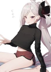 Rule 34 | 1girl, barefoot, black flower, black shirt, blouse, blue archive, blush, breasts, clothes lift, dolphin shorts, flower, grey hair, hair flower, hair ornament, halo, highres, long hair, long sleeves, looking at viewer, mutsuki (blue archive), navel, parted lips, pink eyes, red shorts, shirt, shirt lift, short shorts, shorts, side ponytail, simple background, sitting, sleeves past wrists, small breasts, smile, solo, syhan, thighs, turtleneck, white background