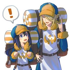 Rule 34 | !, 1boy, 1girl, :d, akari (pokemon), alternate costume, backpack, bag, black hair, blonde hair, blue jumpsuit, blush, brown bag, clenched hands, commentary request, creatures (company), eye contact, fur trim, game freak, ginkgo guild uniform, grey eyes, hair over one eye, hand on own hip, hand up, hat, highres, index finger raised, jumpsuit, long hair, long sleeves, looking at another, nintendo, open mouth, pokemon, pokemon legends: arceus, punico (punico poke), short hair, sidelocks, smile, spoken exclamation mark, tongue, volo (pokemon), white background, yellow headwear