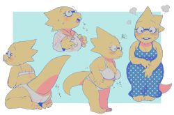Rule 34 | 1girl, alphys, bad id, bad pixiv id, blue background, blush, bra, breasts, cleavage, colored skin, dress, furry, glasses, highres, large breasts, lizard tail, ouse (otussger), panties, plump, polka dot, polka dot dress, sitting, tail, undertale, underwear, yellow skin