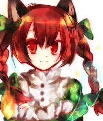 Rule 34 | 1girl, animal ears, bad id, bad pixiv id, braid, cat ears, cat girl, female focus, ibara riato, kaenbyou rin, lowres, red eyes, red hair, ribbon, solo, touhou, white background