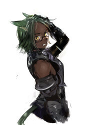 Rule 34 | 1girl, animal ears, armor, bare shoulders, cat ears, cat girl, cat tail, clenched teeth, dark-skinned female, dark skin, doraeshi, final fantasy, final fantasy xiv, glasses, green hair, green tail, hand on own head, highres, miqo&#039;te, short hair, simple background, slit pupils, solo, tail, teeth, warrior of light (ff14), white background, yellow eyes