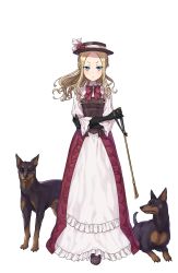 Rule 34 | 1girl, black gloves, blonde hair, blue eyes, bow, brown footwear, crossed arms, dobermann, dog, dress, elizabeth cassandra austin, flower, full body, gloves, hat, hat bow, hat flower, highres, long hair, looking at viewer, official art, princess principal, princess principal game of mission, red bow, riding crop, shoes, standing, transparent background