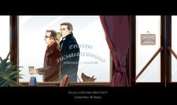 Rule 34 | 2boys, bear (person of interest), black suit, brown coat, cafe, chive, coat, cup, dog, english text, formal, from side, glasses, grey hair, harold finch (person of interest), holding, holding cup, indoors, john reese (person of interest), looking at another, male focus, mature male, multiple boys, person of interest, profile, short hair, sideburns, smile, suit, upper body, walking