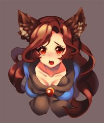 Rule 34 | 1girl, animal ears, bad id, bad pixiv id, blush, breasts, brooch, brown background, brown hair, cheong ha, collarbone, dress, fang, imaizumi kagerou, jewelry, long hair, long sleeves, looking at viewer, open mouth, red eyes, simple background, solo, touhou, wolf ears