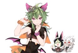 Rule 34 | 1girl, 2boys, alternate costume, blush, clenched hands, collei (genshin impact), colored sclera, cyno (genshin impact), dark-skinned male, dark skin, erhuo, genshin impact, green eyes, green hair, green sclera, grey hair, halloween costume, looking at viewer, medium hair, multiple boys, purple eyes, red sclera, short hair, simple background, thumbs up, tighnari (genshin impact), white background