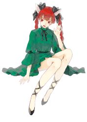 Rule 34 | 1girl, animal ears, belt, braid, cat ears, dress, extra ears, fangs, full body, green dress, hair ornament, hair ribbon, head tilt, itak69, kaenbyou rin, leg ribbon, long hair, long sleeves, looking at viewer, open mouth, red eyes, red hair, ribbon, shoes, simple background, sitting, solo, touhou, twin braids, white background, wide sleeves