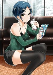 Rule 34 | 10s, 1girl, :o, animal print, bare shoulders, black skirt, black thighhighs, blue hair, blush, book, breasts, building, butterfly print, character request, cityscape, cleavage, collarbone, couch, cup, earrings, green shirt, hayami kanade, highres, holding, holding book, holding cup, idolmaster, idolmaster cinderella girls, indoors, jewelry, long sleeves, looking at viewer, murabito c, off-shoulder shirt, off shoulder, on floor, open book, parted bangs, parted lips, pencil skirt, sagisawa fumika, shirt, short hair, sitting, skirt, smile, solo, steam, thighhighs, window, yellow eyes, zettai ryouiki
