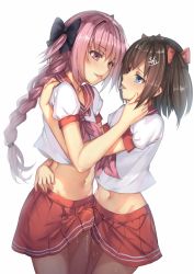 Rule 34 | 2boys, astolfo (fate), astolfo (sailor paladin) (fate), black bow, blouse, blue eyes, blush, bow, braid, braided ponytail, brown hair, bulge, commentary request, crossdressing, cum, erection, erection under clothes, eye contact, fate/apocrypha, fate (series), hair bow, hair intakes, hand on another&#039;s face, highres, hug, long hair, looking at another, male focus, midriff, multiple boys, musyne xsk, navel, neckerchief, official alternate costume, original, penis, pink hair, pink neckerchief, pleated skirt, red bow, red skirt, saliva, saliva trail, school uniform, serafuku, shirt, short sleeves, simple background, single braid, skirt, standing, sweat, tongue, tongue out, trap, twintails, white background, white shirt, yaoi