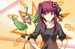 Rule 34 | 1girl, anger vein, animal, bird, hands on own hips, konoe sunao, long hair, matching hair/eyes, parrot, red eyes, red hair, satomi (black scarecrow), solo, standing, tsuyokiss, twintails