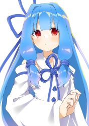 Rule 34 | 1girl, bare shoulders, blue hair, closed mouth, detached sleeves, dress, hair ornament, hair ribbon, kotonoha aoi, long hair, looking at viewer, red eyes, ribbon, sechin, simple background, solo, voiceroid, white background