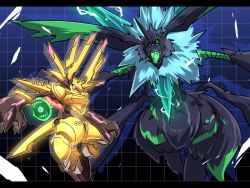 Rule 34 | crests (digimon), digimon, holy ring, horn, horns, jewelry, original, pink eyes, rapidmon (armor), ring