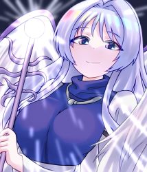 Rule 34 | 1girl, angel, angel wings, blue dress, blue eyes, blue hair, breasts, closed mouth, commentary request, dress, eirythedarkness, feathered wings, happy, highres, holding, holding staff, juliet sleeves, large breasts, light blue hair, long hair, long sleeves, looking at viewer, multiple wings, puffy sleeves, sariel (touhou), seraph, smile, staff, touhou, touhou (pc-98), turtleneck, upper body, very long hair, white wings, wide sleeves, wings
