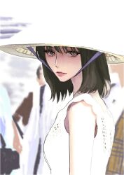Rule 34 | 1girl, absurdres, animification, black hair, blending, breasts, brown eyes, commentary, dress, from side, hat, highres, jiangkang meizi, k-pop, looking at viewer, medium hair, momo (twice), parted lips, real life, sleeveless, sleeveless dress, small breasts, solo, symbol-only commentary, twice (group), white dress, white hat