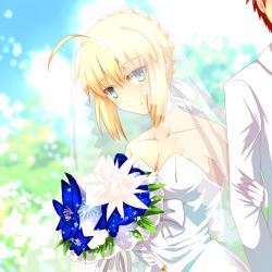 Rule 34 | 1boy, 1girl, ahoge, alternate costume, artoria pendragon (all), artoria pendragon (fate), blonde hair, blue flower, blue sky, bouquet, braid, braided bun, breasts, bridal veil, cimeri, cleavage, collarbone, day, dress, emiya shirou, fate/stay night, fate (series), flower, green eyes, hair between eyes, hair bun, hair ribbon, holding, holding bouquet, jacket, medium breasts, official alternate costume, outdoors, red hair, ribbon, saber (fate), saber (royal dress) (fate), see-through, short hair with long locks, sidelocks, single hair bun, sky, sleeveless, sleeveless dress, smile, spiked hair, striped clothes, striped dress, veil, wedding dress, white dress, white flower, white jacket, white ribbon