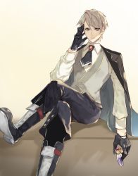 Rule 34 | 1boy, ascot, bishounen, black cape, black gloves, blonde hair, boots, cape, fate/prototype, fate (series), gloves, jekyll and hyde (fate), no eyewear, solo, swept bangs, vest, vial, waistcoat, white background, yepnean