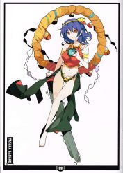 Rule 34 | 1girl, adapted costume, alternate costume, barefoot, black border, blue hair, border, character name, full body, groin, hairband, highres, holding, holding behind back, ideolo, leaf, looking at viewer, maple leaf, midriff, mirror, nail polish, navel, pillar, red eyes, rope, scan, shimenawa, shirt, short hair, simple background, solo, standing, stone, thigh gap, toenail polish, toenails, toes, touhou, white background, yasaka kanako
