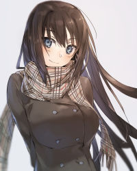 Rule 34 | 1girl, absurdres, aozaki aoko, arms behind back, blue eyes, blush, breasts, brown coat, brown hair, buttons, closed mouth, coat, commentary request, floating hair, grey background, hair between eyes, hair intakes, highres, large breasts, long hair, long sleeves, looking at viewer, mahou tsukai no yoru, plaid, plaid scarf, scarf, shigure (shigure 43), sidelocks, simple background, solo, upper body, very long hair, winter clothes