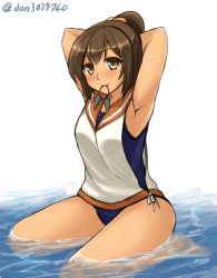Rule 34 | 10s, 1girl, armpits, arms up, blush, brown eyes, brown hair, don (29219), i-401 (kancolle), kantai collection, mouth hold, ponytail, school swimsuit, sitting, smile, solo, swimsuit, swimsuit under clothes, tan, wariza