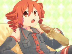 Rule 34 | 1girl, :o, ahoge, argyle, argyle background, argyle clothes, baguette, bare shoulders, boots, bread, chair, detached sleeves, drill hair, eating, food, headset, holding, kasane teto, leaning back, looking at viewer, open mouth, pocket, red eyes, red hair, reki (arequa), shirt, sitting, skirt, sleeveless, sleeveless shirt, slouching, solo, tareme, thigh boots, thighhighs, twin drills, twintails, utau, zettai ryouiki