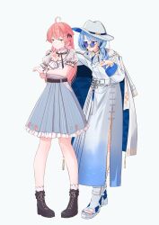 Rule 34 | 2girls, absurdres, ahoge, alternate costume, belt, black footwear, black ribbon, blue-tinted eyewear, blue eyes, blue hair, blue nails, blue skirt, boots, braid, breasts, cape, chamomile (kazumasa), closed mouth, coat, coat on shoulders, cross-laced footwear, crossed arms, dress, floral print, frilled skirt, frilled sleeves, frills, full body, green eyes, hair ornament, hair ribbon, hand on another&#039;s shoulder, hat, high heels, highres, hololive, hoshimachi suisei, hoshimachi suisei (8th costume), jacket, jacket on shoulders, jewelry, long hair, long skirt, long sleeves, looking at another, multiple girls, nail polish, neck ribbon, pink hair, platform footwear, puffy short sleeves, puffy sleeves, ribbon, sakura miko, sakura miko (7th costume), sandals, shirt, short sleeves, simple background, skirt, small breasts, socks, standing, star (symbol), sunglasses, tinted eyewear, toenail polish, toenails, virtual youtuber, white background, white belt, white cape, white coat, white footwear, white hat, white jacket, white shirt, white skirt