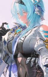 Rule 34 | 1girl, black hairband, blue hair, blue necktie, blush, breasts, chest harness, closed mouth, clothing cutout, eula (genshin impact), genshin impact, grey background, hair ornament, hairband, hand up, harness, highres, holding, holding jewelry, holding necklace, jewelry, large breasts, long sleeves, looking at object, medium hair, necklace, necktie, shoulder cutout, side cape, simple background, solo, tarutaru (ryousuke), upper body, vision (genshin impact), white sleeves, wide sleeves, yellow eyes