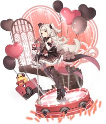 Rule 34 | 1girl, azur lane, balloon, bare shoulders, bird, black dress, black footwear, black gloves, black thighhighs, chick, closed mouth, detached sleeves, dress, expressionless, frilled dress, frills, full body, gloves, hair ribbon, hand up, hat, heart, high heels, highres, kinjo kuromomo, long hair, long sleeves, looking at viewer, manjuu (azur lane), microphone, microphone stand, mini hat, mole, mole under eye, official art, ribbon, shoes, silver hair, solo, stage, stage lights, thighhighs, top hat, transparent background, two side up, very long hair, yellow eyes, z46 (azur lane), z46 (star-lit chocolate) (azur lane), zettai ryouiki