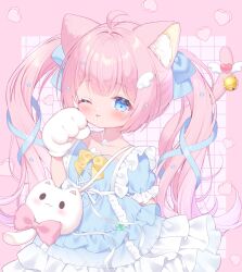 Rule 34 | 1girl, ahoge, animal bag, animal ear fluff, animal ears, animal hands, bag, blue bow, blue dress, blue eyes, blush, bow, cat ears, cat girl, cat tail, closed mouth, dress, frilled dress, frills, gloves, hair bow, hair ornament, hand up, heart, highres, long hair, looking at viewer, one eye closed, original, paw gloves, pink hair, puffy short sleeves, puffy sleeves, short sleeves, shoulder bag, solo, tail, tail ornament, tongue, tongue out, twintails, very long hair, wing hair ornament, yasumi nashi