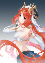 Rule 34 | 1girl, absurdres, back tattoo, bare back, blue gemstone, breasts, butt crack, closed mouth, crop top, dancer, detached sleeves, forehead jewel, gem, genshin impact, gold trim, gradient background, green eyes, harem outfit, highres, horns, lightria, long hair, long sleeves, looking away, median furrow, medium breasts, nilou (genshin impact), parted bangs, red hair, signature, smile, tattoo, veil, vision (genshin impact), white headdress