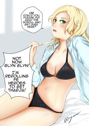 Rule 34 | 1girl, absurdres, aikiyun, arm support, black bra, black panties, blonde hair, blush, bra, breasts, cleavage, dress shirt, english text, fire emblem, glynda goodwitch, green eyes, grey background, highres, impatience, long hair, medium breasts, navel, nintendo, open clothes, panties, playing with own hair, presenting, rejection, rwby, shirt, short hair, signature, solo, speech bubble, thighhighs, underwear