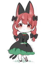Rule 34 | 1girl, animal ears, aoringo orin, black bow, black footwear, bow, cat ears, cat girl, cat tail, extra ears, full body, hair bow, juliet sleeves, kaenbyou rin, long sleeves, looking at viewer, multiple tails, puffy sleeves, red eyes, simple background, solo, standing, tail, touhou, twitter username, two tails, white background