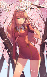 Rule 34 | 10s, 1girl, bad id, bad pixiv id, breasts, cherry blossoms, contrapposto, darling in the franxx, day, dduck kong, dress, eyelashes, flower, green eyes, tucking hair, hairband, highres, horns, long hair, long sleeves, looking at viewer, medium breasts, necktie, open mouth, outdoors, petals, pink hair, red necktie, short necktie, signature, solo, standing, teeth, tree, wind, wing collar, zero two (darling in the franxx)
