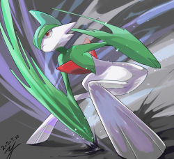 Rule 34 | closed mouth, commentary request, creatures (company), dated, from below, frown, gallade, game freak, gen 4 pokemon, motion blur, nintendo, pokemon, pokemon (creature), red eyes, signature, solo, squatting, yu ikedon