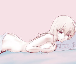 Rule 34 | 1girl, ass, blanket, blue eyes, breasts, closed mouth, commentary request, covering privates, covering breasts, from side, girls und panzer, half-closed eyes, hand on own head, itsumi erika, looking at viewer, lying, medium breasts, medium hair, muted color, on bed, on stomach, partial commentary, pillow, pink background, sideboob, silver hair, simple background, smile, solo, under covers, waking up, yoyokkun