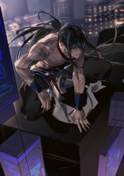 Rule 34 | 1boy, bare pectorals, black hair, black pants, building, chest tattoo, cityscape, closed mouth, fate/grand order, fate (series), flower tattoo, full-body tattoo, hair between eyes, hair lift, highres, long hair, night, night sky, pants, pectorals, rrr (reason), sidelocks, sky, smile, squatting, tattoo, topless male, wrist guards, yan qing (fate)