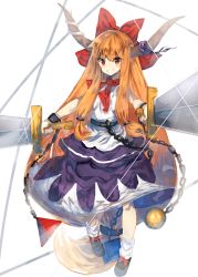 Rule 34 | 1girl, :d, absurdly long hair, bad id, bad pixiv id, black footwear, bow, chain, commentary request, cube, dual wielding, full body, grin, hair bow, highres, holding, holding weapon, horn ornament, horn ribbon, horns, ibuki suika, long hair, looking at viewer, low-tied long hair, open mouth, orange hair, orb, purple ribbon, purple skirt, pyramid (structure), red bow, red eyes, ribbon, shirt, shoes, sidelocks, skirt, sleeveless, sleeveless shirt, smile, socks, solo, standing, suminagashi, sword, teeth, touhou, two-tone background, very long hair, weapon, white shirt, white socks, wrist cuffs