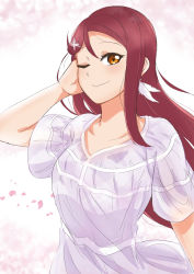 Rule 34 | 1girl, ;), artist name, artist request, blush, breasts, brown eyes, collarbone, dress, earrings, feather earrings, feathers, female focus, floating hair, hair between eyes, hair ornament, hairclip, hand on own cheek, hand on own face, highres, jewelry, long hair, looking at viewer, love live!, love live! school idol festival, love live! sunshine!!, love spiral tower (love live!), miniskirt, one eye closed, orange eyes, parted lips, petals, pink petals, plaid, plaid dress, plaid skirt, pleated, pleated dress, pleated skirt, red hair, sakurauchi riko, short sleeves, skirt, small breasts, smile, solo, the story of feather (love live!), white dress, white skirt, wink, yellow eyes
