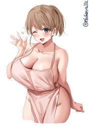 Rule 34 | 1girl, apron, blue eyes, blush, breasts, brown hair, cleavage, clenched hand, cowboy shot, ebifurya, heart, highres, intrepid (kancolle), kantai collection, large breasts, looking at viewer, naked apron, one eye closed, open hand, open mouth, ponytail, short hair, simple background, smile, solo, twitter username, white background