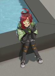 Rule 34 | 1girl, earrings, green eyes, highres, jewelry, looking at viewer, nose, original, pool, red hair, shoes, short hair, solo, tomboy, water
