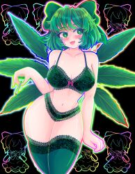 Rule 34 | 1girl, :3, absurdres, bikini, bow, breasts, bright pupils, cigar, cirno, dark background, frilled bikini, frilled panties, frilled socks, frills, fumo (doll), glowing, green bikini, green bow, green eyes, green hair, green headwear, green panties, green socks, hapa cirno, highres, holding, holding cigar, iridescent, large breasts, leaf wings, marijuana, multiple wings, nanaii desu, panties, rainbow outline, short hair, socks, solo, swimsuit, thighhighs, touhou, underwear, white pupils, wings