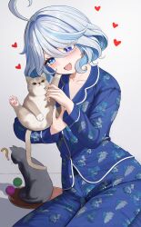 Rule 34 | 1girl, ?, alternate costume, animal, animal print, bangwool, blue eyes, blue hair, blue nails, blue pajamas, blush, cat, collarbone, cowlick, drop-shaped pupils, furina (genshin impact), genshin impact, grey hair, happy, heart, heterochromia, highres, holding, holding animal, holding cat, light blue hair, open mouth, pajamas, shadow, short hair, solo, symbol-shaped pupils, wavy hair