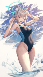 Rule 34 | 1girl, ;d, absurdres, animal ear fluff, animal ears, arms up, bare arms, bare shoulders, black one-piece swimsuit, blue archive, blue eyes, blue nails, blue sky, blush, breasts, competition swimsuit, covered navel, day, extra ears, fingernails, grey hair, groin, halo, highres, long fingernails, long hair, mazel (mazel star), medium breasts, nail polish, official alternate costume, one-piece swimsuit, one eye closed, open mouth, outdoors, shiroko (blue archive), shiroko (swimsuit) (blue archive), side ponytail, sky, smile, solo, splashing, swimsuit, thighs, wading, water, wolf ears