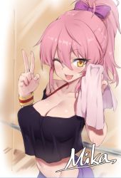 Rule 34 | 1girl, ;d, blush, bow, breasts, breath, character name, cleavage, collarbone, crop top, hair between eyes, hair bow, halterneck, highres, idolmaster, idolmaster cinderella girls, jougasaki mika, large breasts, looking at viewer, midriff, navel, off-shoulder shirt, off shoulder, one eye closed, open mouth, pink hair, ponytail, shirt, smile, solo, sweat, towel, try (lsc), tsurime, v, wristband, yellow eyes
