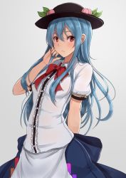 Rule 34 | 1girl, black hat, black skirt, blue hair, blush, bow, bowtie, breasts, closed mouth, cowboy shot, dress shirt, food, frills, frown, fruit, hair between eyes, hat, highres, hinanawi tenshi, leaf, long hair, medium breasts, opanchu (pixiv259683), peach, puffy short sleeves, puffy sleeves, rainbow order, red bow, red bowtie, red eyes, shirt, short sleeves, sidelocks, skirt, solo, sweat, touhou, white shirt