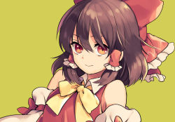 Rule 34 | 1girl, bare shoulders, bow, bowtie, breasts, brown hair, closed mouth, commentary request, detached sleeves, eyebrows hidden by hair, frilled hair tubes, frills, hair between eyes, hair bow, hair tubes, hakurei reimu, light smile, looking at viewer, medium breasts, medium hair, red bow, red eyes, red vest, sidelocks, simple background, solo, tomobe kinuko, touhou, upper body, vest, yellow background, yellow bow, yellow bowtie