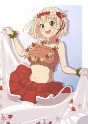 Rule 34 | 1girl, bandeau, bare shoulders, blush, commentary request, crop top, flower wreath, hair ribbon, highres, lycoris recoil, midriff, navel, nishikigi chisato, one side up, open mouth, red eyes, red ribbon, ribbon, ryuryu 7150, skirt, skirt hold, smile, solo, strapless, teeth, upper teeth only